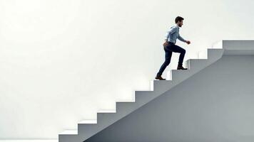 side view of a man in a blue shirt and black trousers running up the stairs against the background of a white wall with a copy space photo