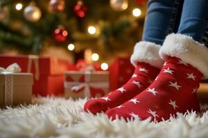 Close-up of red festive socks with white stars, near wrapped presents under a Christmas tree, warm holiday ambiance, Christmas concept photo