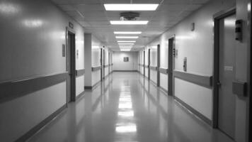 Long empty hospital corridor with closed doors, teal walls and floor, bright lighting, clinical environment, on a plain background, concept of healthcare and sterility photo