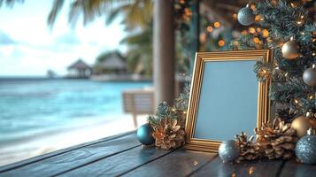 A decorative scene featuring a blank frame, ornaments, and pinecones, with a beach background, evoking a festive holiday atmosphere photo