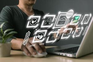 person use software to save energy,and reduce global warming,climate change,ecology friendly investment,ESG environment social governance,Green Business Innovation and Sustainable Development concept. photo