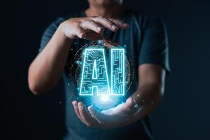Digital Artificial Intelligence AI technology disruption concept.man use smartphone command prompt Ai chat. Big data storage.Innovative technology Machine learning support in the business. photo