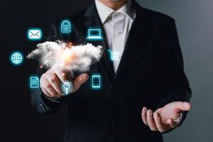 hand touch cloud computing diagram show on hand.Data storage.the use of online digital network technology in business, buying and selling commerce online digital marketplace photo