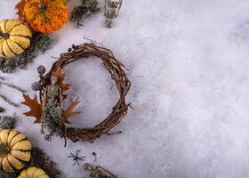 Process of making Halloween wreath. photo
