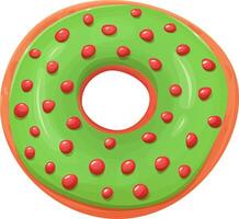 Colorful donut with green icing and red drops. Donut green. Donut isolated on a white background. Cartoon style vector