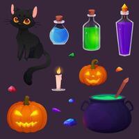 Set of halloween cartoon objects and items. Halloween symbols collection. Magic set vector