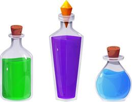 Halloween potion. Cartoon set of magic potion. Various glass jars with colorful potions vector