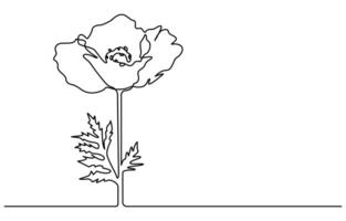 Abstract one line continuous poppy flower drawing with circle on striped background in minimal style vector