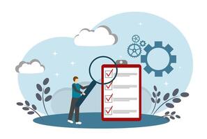 A man with a magnifying glass takes notes. Planning and scheduling concept. vector