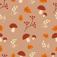 Seamless autumn pattern with mushrooms and leaves on a beige background vector