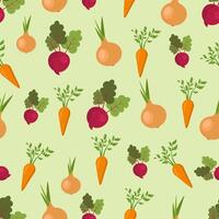 Seamless pattern with vegetables on a green background. Carrots, onions, beets vector