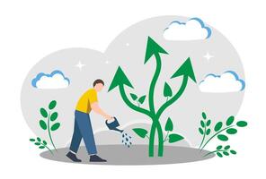 The concept of personal growth. Man watering plant with arrows vector