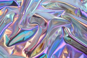 Holographic abstract pattern, wrinkled fabric background. Multi color gradient foil linen photo