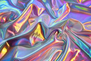 Holographic abstract pattern, wrinkled fabric background. Multicolor gradient foil linen photo