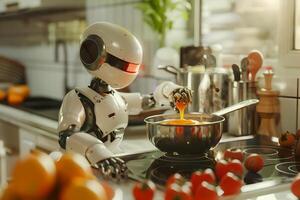 Robot cooking food at home, helper chef on kitchen future. Artificial intelligence technology robot cook, future lifestyle photo