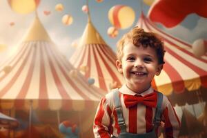 Happy child clown on background stripes tent of circus. Show and childish entertainment. Circus canopy performance. Girl character in clown makeup. Funny clown on holiday photo