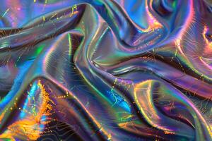Holographic abstract pattern, wrinkled fabric background. Multicolor gradient foil linen photo