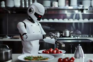 Robot cooking food at home, helper chef on kitchen future. Artificial intelligence technology robot cook, future lifestyle photo