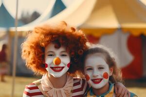 Happy adult and child clown on background stripes tent of circus. Show and childish entertainment. Circus canopy performance. Person character in clown makeup. Funny clown on holiday photo