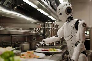 Robot cooking food at home, helper chef on kitchen future. Artificial intelligence technology robot cook, future lifestyle photo