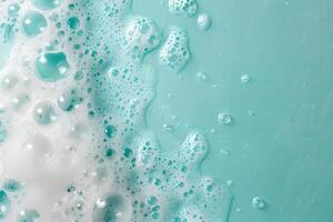Foam with bubbles background. Soap, shampoo, powder, gel for shave, foam mousse with bubbles template. Pattern for hygiene, clean wash with copy space photo