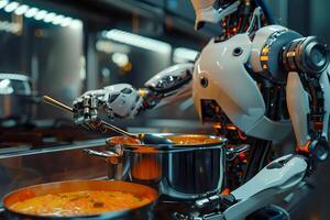 Robot cooking food at home, helper chef on kitchen future. Artificial intelligence technology robot cook, future lifestyle photo