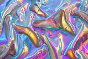 Holographic abstract pattern, wrinkled fabric background. Multicolor gradient foil linen photo