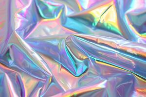 Holographic abstract pattern, wrinkled fabric background. Multicolor gradient foil linen photo