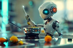 Robot cooking food at home, helper chef on kitchen future. Artificial intelligence technology robot cook, future lifestyle photo