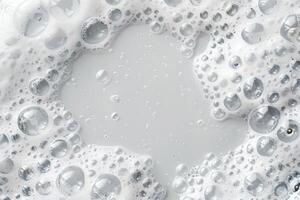 Foam with bubbles background. Soap, shampoo, powder, gel for shave, foam mousse with bubbles template. Pattern for hygiene, clean wash with copy space photo