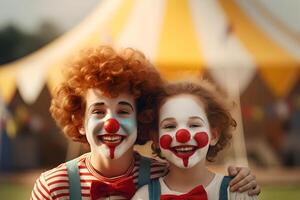 Happy adult and child clown on background stripes tent of circus. Show and childish entertainment. Circus canopy performance. Person character in clown makeup. Funny clown on holiday photo