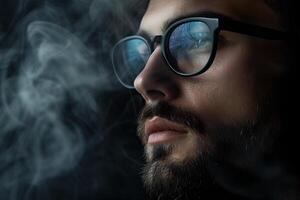 Portrait of young man with glasses. Face of person close up. Eyeglasses for vision correction. Stylish Caucasian serious man in fog on dark background photo