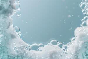 Foam with bubbles background. Soap, shampoo, powder, gel for shave, foam mousse with bubbles template. Pattern for hygiene, clean wash with copy space photo