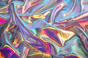 Holographic abstract pattern, wrinkled fabric background. Multicolor gradient foil linen photo