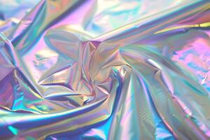 Holographic abstract pattern, wrinkled fabric background. Multicolor gradient foil linen photo