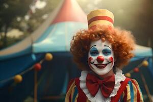 Happy adult clown on background stripes tent of circus. Show and childish entertainment. Circus canopy performance. Man character in clown makeup. Funny clown on holiday photo