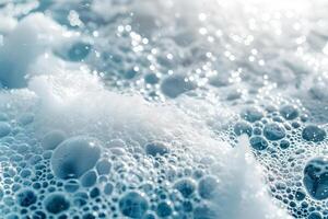 Foam with bubbles background. Soap, shampoo, powder, gel for shave, foam mousse with bubbles template. Pattern for hygiene, clean wash photo
