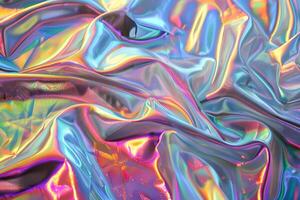 Holographic abstract pattern, wrinkled fabric background. Multicolor gradient foil linen photo