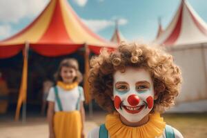 Happy two child clown on background stripes tent of circus. Show and childish entertainment. Circus canopy performance. Person character in clown makeup. Funny clown on holiday photo