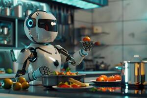 Robot cooking food at home, helper chef on kitchen future. Artificial intelligence technology robot cook, future lifestyle photo