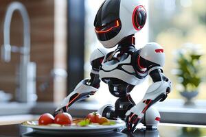 Robot cooking food at home, helper chef on kitchen future. Artificial intelligence technology robot cook, future lifestyle photo