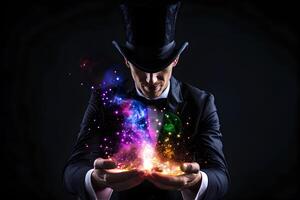 Mysterious magician in dark suit demonstrates magic performance in his hands. Bright flash in his hands, miracle. Magic in circus photo