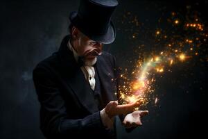 Mysterious magician in dark suit demonstrates magic performance in his hands. Bright flash in his hands, miracle. Magic in circus photo