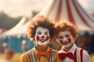 Happy two child clown on background stripes tent of circus. Show and childish entertainment. Circus canopy performance. Person character in clown makeup. Funny clown on holiday photo
