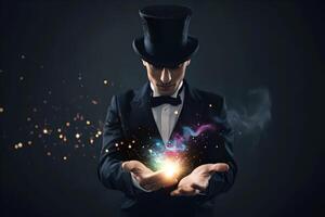 Mysterious magician in dark suit demonstrates magic performance in his hands. Bright flash in his hands, miracle. Magic in circus photo