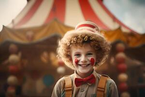 Happy child clown on background stripes tent of circus. Show and childish entertainment. Circus canopy performance. Girl character in clown makeup. Funny clown on holiday photo