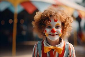 Happy child clown on background stripes tent of circus. Show and childish entertainment. Circus canopy performance. Girl character in clown makeup. Funny clown on holiday photo