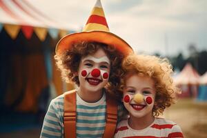Happy two child clown on background stripes tent of circus. Show and childish entertainment. Circus canopy performance. Person character in clown makeup. Funny clown on holiday photo