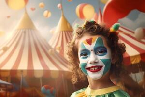 Happy child clown on background stripes tent of circus. Show and childish entertainment. Circus canopy performance. Girl character in clown makeup. Funny clown on holiday photo