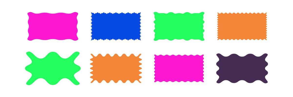 Rectangle squiggle shapes collection. Neon groovy boxes with wiggle edge